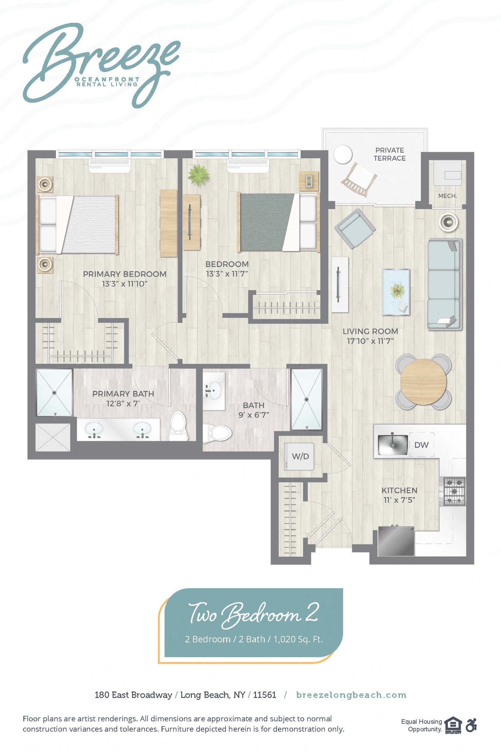 Floor plan for 2 beds, 2 baths, 1020 sqft
